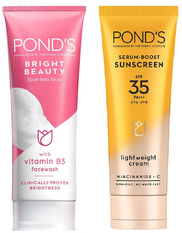 POND's  Serum Boost Sunscreen Prevent And Fade Dark Patches & Ponds Bright Beauty Spotless Glow Facewash For Sensitive Skin With Vitamin SPF 35 B3 100G Combo, Pack Of 1